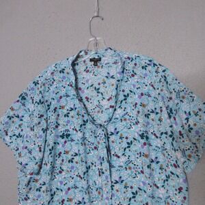 Talbots Top Women Plus 3X Blue Floral Tie Neck Cottage Core Short Sleeve‎ Flowy
